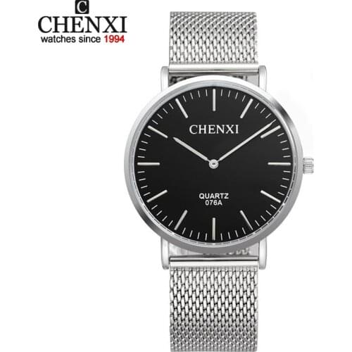 CHENXI Ultra-Thin Minimalist Design Fashion Men Quartz Watch Business Mens Silver Stainless Steel Mesh Belt Clock Gift Watches