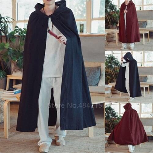 Mens Cloak Halloween Stage Medieval Wizard Cosplay Costume Vintage Long Gothic Knight Hooded Cloak Witch Cloak