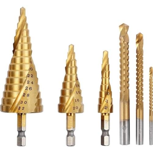 6Pcs Titanium Hex Step Drill Bit Set 4-12/20/32Mm Metal Hole Cutter Wood Cone Core Drilling Hole Saw Tool+Saw Drills
