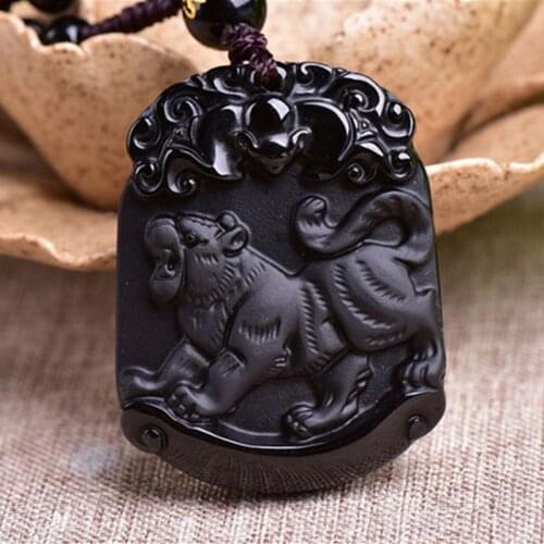 Natural Black Obsidian Pendant Carved Chinese Zodiac Animal Tiger Pendant Bead Necklace Lucky Amulet Men Womens Jewelry