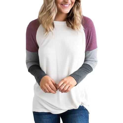 Hitmebox 2019 New Autumn Winter Womens Long Sleeve Color Block Crew Neck Casual Baseball Tees Shirts pullover Basic Patched Tops