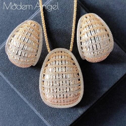 ModemAngel New Luxury Brand Super Cubic Zirconia Statement Necklace Earring Jewelry Set For Dubai Women High Quality Jewelry