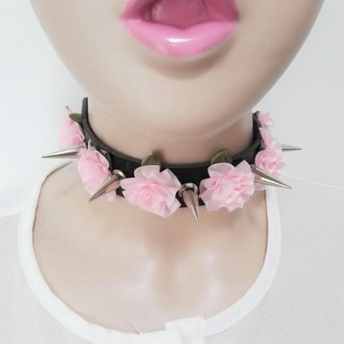 Sexy Fashion Harajuku Handmade Faux Leaather lolita Flower Stud Rivet Punk Goth Multi-Color lace-up Collar Choker Necklace