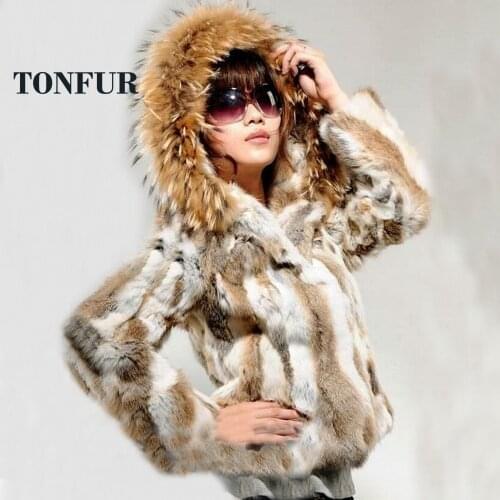 Hood Big Luxury Real Rabbit Fur Jacket With Huge Natural Raccoon Fur Collar Coat Lady Fur hoody Overcoat Wholesale OEM DFP970