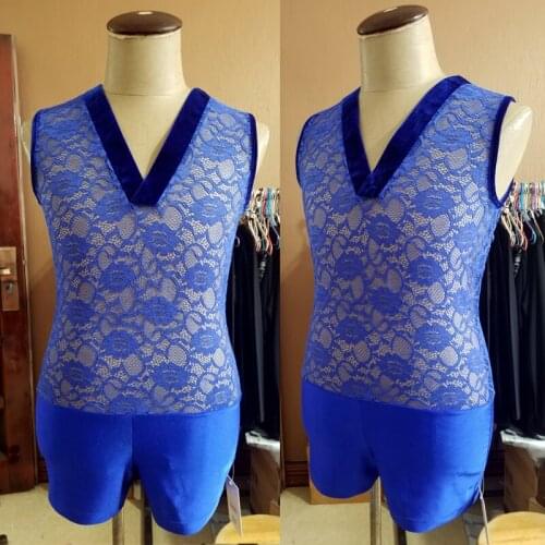 MenS Latin Dance Competition Tops Royal Blue Velvet V-Neck Lace Vest Samba Cha Cha Ballroom Dance Shirt Practice Leotad VDB2593