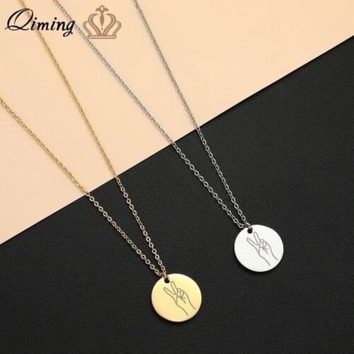 Handmade Engraved Language Hand Gesture Stainless Steel Necklace Men Women Couple Peave Yeah Symbol Sister Necklace Collier