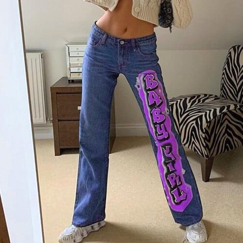 Letter Print Y2k Straight Pants Women Harajuku Long Denim Pant Streetwear Retro Mom Jeans High Waist 90s Aesthetic Egirl Pants