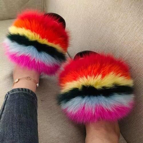 Summer Hot Luxury Home Flip Flops Womens Fox Fur Slippers Ladies Fashion Plush Slides Female Furry Fluffy Soft Shoes Wholesale