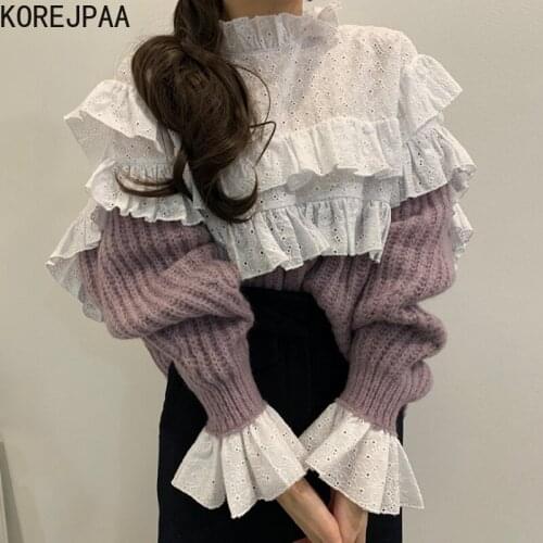 Korejpaa Vintage Women Pullover 2021 Autumn New Patchwork Fungus Flare Sleeve Fake Two Piece Sweater Ladies Knitwear Top Casual