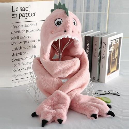 Little Dinosaur Cartoon Warm Hat. Womens Cashmere Winter Scarf One Piece Ear Protection Gloves Set. Kit for Women and Children