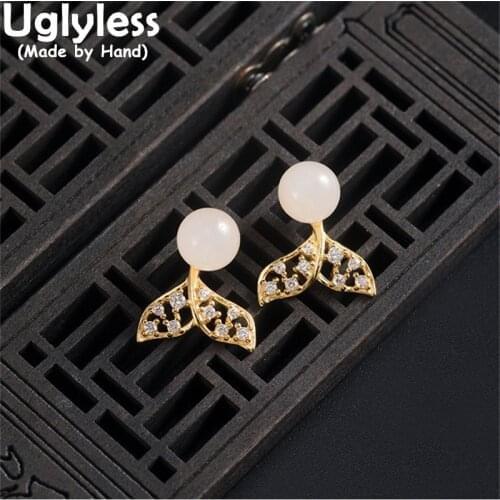 Uglyless Fish Tails Mermaid Studs Earrings for Women Natural Jade Animals Brincos Hollow 925 Silver Crystals Earrings Gold Jewel