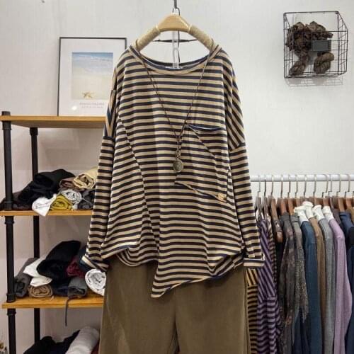 Spring Autumn Fashion Women Long Sleeve Loose Casual Tshirt 100% Cotton Big Pockets O-neck Striped Tee Shirt Femme Tops V218
