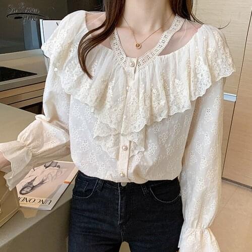 New Hollow Out Ruffle Stitching Apricot Blouse Women Elegant Puff Long Sleeve Women Shirts Loose V Neck Clothing Blusas 15776