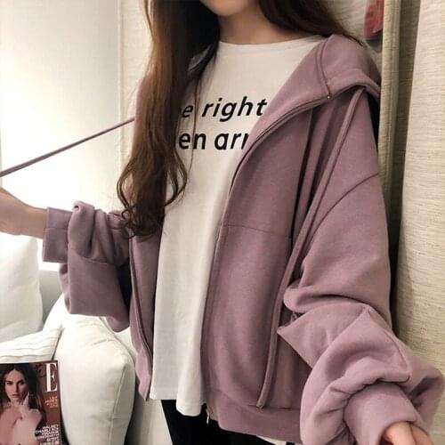 Femme Hoodies Cotton Lantern Sleeve Zipper Pocket Hot Sale Loose Casual Student Sweatshirt Women Warm Plus Size Outerwear