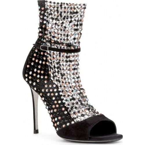 Woman Galaxia Sandal Strass 105 Black Suede Open-toe Sandal Mesh Insert Crystals Slender Toe Strap Ankle Strap Shoes