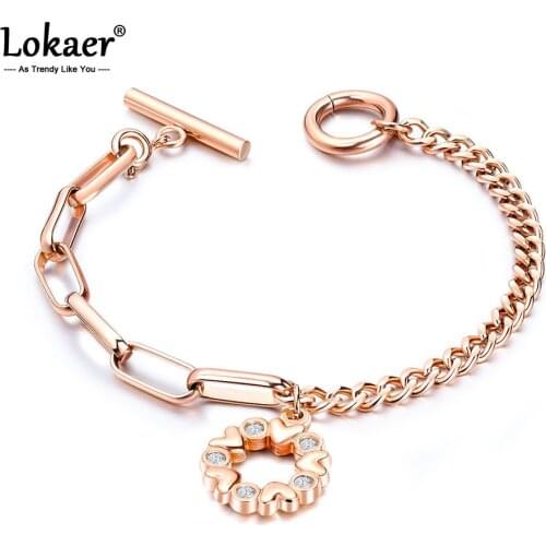 Lokaer Stainless Steel Asymmetric Chain Ladies Bracelet Trendy Rose Gold Love Charms Bracelet Jewelry For Women Girls B17101