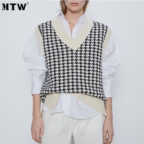 Vintage Houndstooth Knitted Sweater Women Autumn V neck Sleeveless Loose Vest Tops 2020 Lady Korean Office Pullover