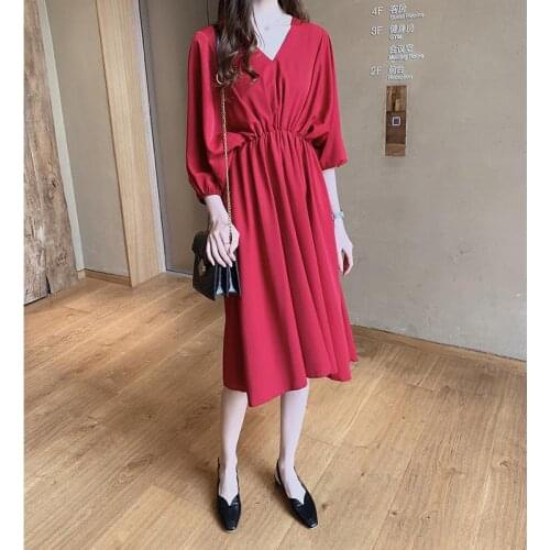 New Simple Red Sexy V-neck Chiffon Dress Women 2021 Spring & Autumn Waist Thin Casual Women A-line Long Dress tide Free Shipping