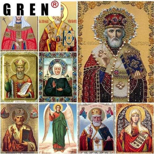 GREN 5D DIY Diamond Painting Religion Icons Cross Stitch Full Drill Round Diamond Embroidery Mosaic Art Rhinestones Home Decor