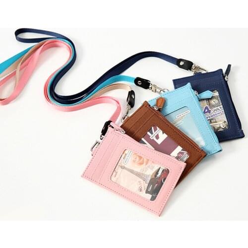 Brand new high quality PU leather material card holder hanging neck coin purse simple transparent bank credit card accessories