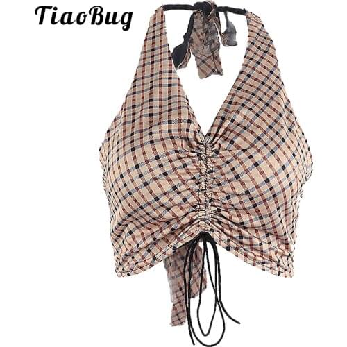 Women Plaid Crop Top y2k Fairy Gothic Tops Girls Hip Hop Dance Halter V Neck Lace-up Backless Drawstring Rutched Sleeveless Vest