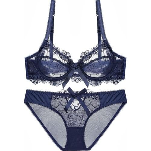 Women Lingerie Set Ultra Thin Lace Embroidery Bra Panties Sets see through Transparent White Women Underwear Plus Size 95D Cup