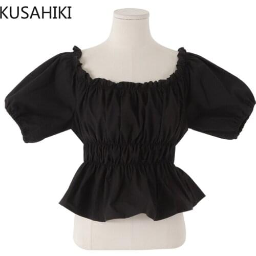 KUSAHIKI Off Shoulder Puff Sleeve Womens Tops Korean Folds Slim Waist Ruffle Short Blouse 2021 Summer Sweet Blusas Shirt 6J240