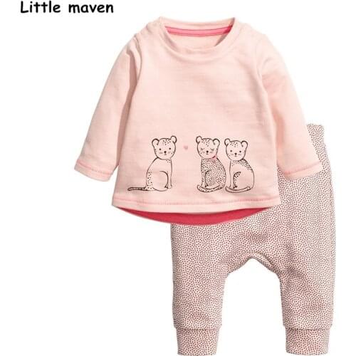 Little Maven Childrens Clothing Sets 2018 New Autumn Girls Cotton Brand Long Sleeve Cat Print Pink T Shirt + Dot Pants 20169