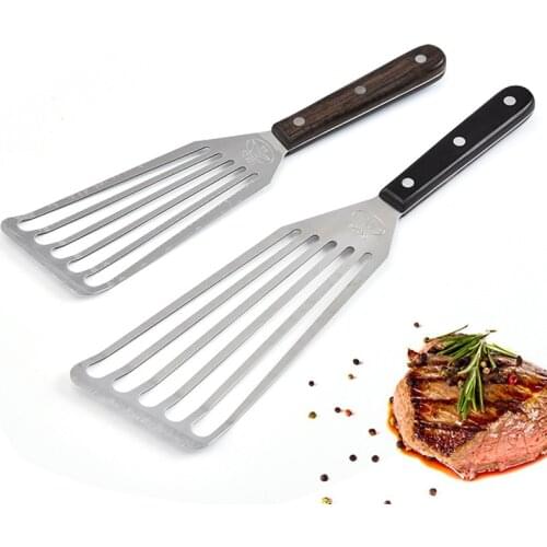 Stainless Steel Steak Slotted Turners Frying Spatula Fish Shovel With Wooden Handle Hollow Design Home Kitchen Cooking Supplies