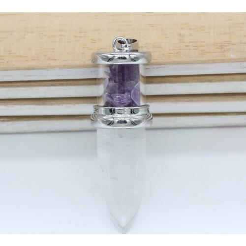 Trendy-beads Silver Plated Bullet Shape Natural Clear Quartz Pendant with Small Amethysts Gravel Jewelry