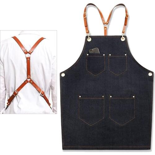 Korean fashion denim apron custom LOGO printing kitchen cafe hair tea shop men and women working apron
