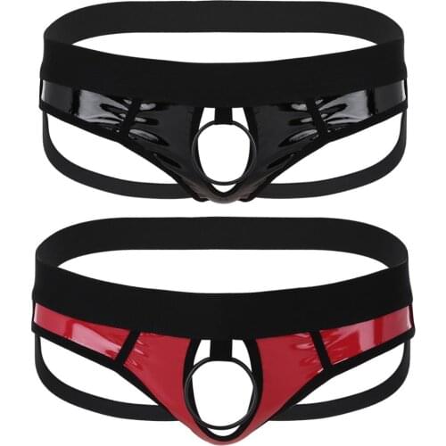 Mens Sexy Underwear Faux Leather Panties Open Back Hollow Out Low Rise Bikini G-string Thong Underwear with Metal Penis O-Rings