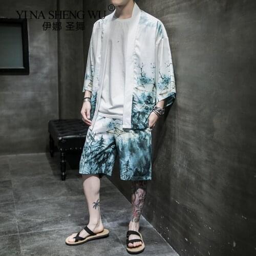 Mens Harajuku Suit Summer Japanese Chinese Fashion Style Printing Kimono Suit Beach Pants Robes Yukata Casual Cardigan Costumes