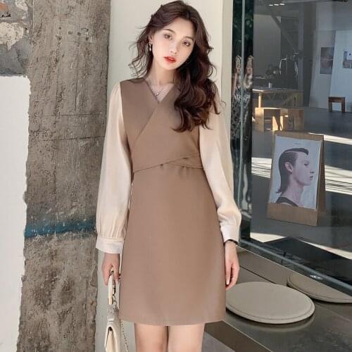 Dresses for Women 2021 Spring French Retro V-neck Cross Stitching Dress Khaki Puff Sleeve Long Sleeves Bowknot Short Mini Dress