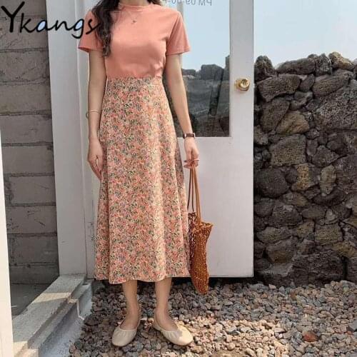 Vintage Floral Print Pleated Long Skirts Korean summer Chiffon Women Korean Skirt Harajuku Streetwear Elastic High Waist Skirt