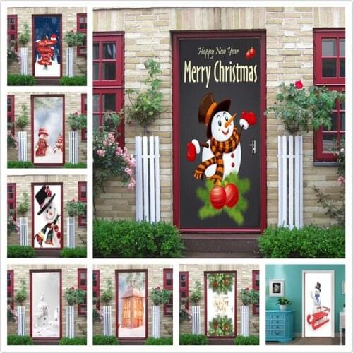 Self Adhesive 3d Door Sticker Waterproof Xmas Snowman PVC Wallpaper Print Merry Christmas Suit Wall Art Children Room Home Decor