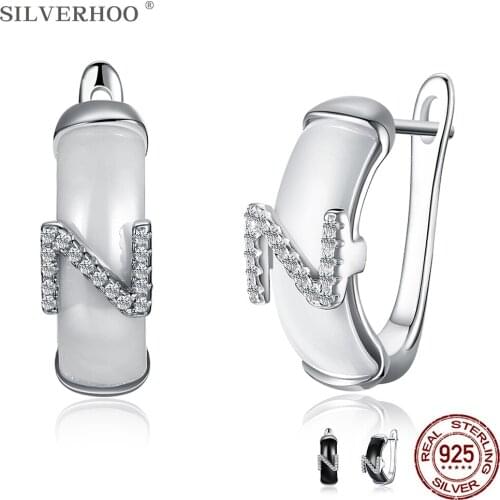 SILVERHOO Real 925 Sterling Silver Ceramics Clip Earrings For Women Clear Cubic Zirconia Letter Z Earrings Anniversary Jewelry