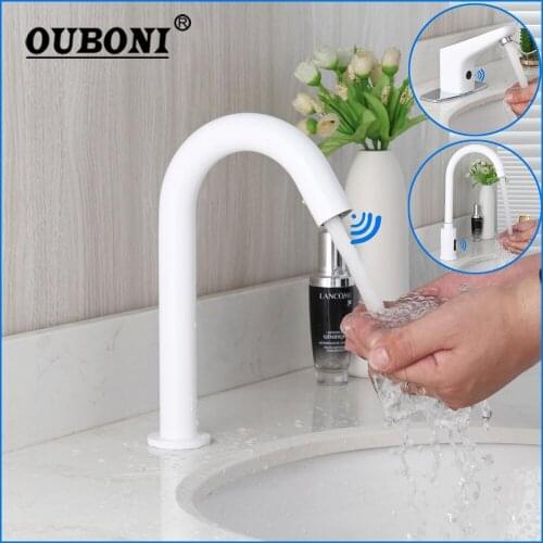 OUBONI White Automatic Touch Free Sensor Bathroom Faucet Solid Brass Mixer Tap Water Saving Inductive Electric Power Tap Faucet