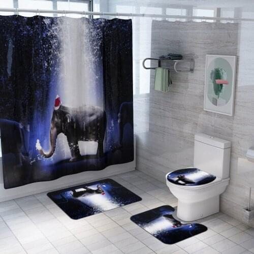 Waterproof Shower Curtain Christmas Elephant In The Forest Print Bathroom Set Non-slip Bath Mats Pedestal Rug Toilet Seat Cover