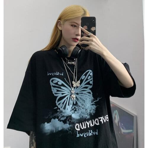 Summer tops Streetwear Print Gothic Vintage butterfly dropshipping Korean Black Large Size Harajuku Short Sleeve women T-Shirts