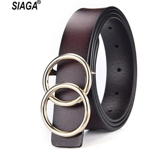 Fashion Design Ladies Double Ring Pattern Slide Buckle Metal Genuine Leather 23mm Wide Female Accessories for Women AK024