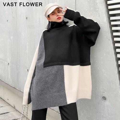 Plus Size Contrast Color Knitting Turtleneck Sweater Women New Long Sleeve Pullover Fashion Loose Sweater Clothes Winter 2020