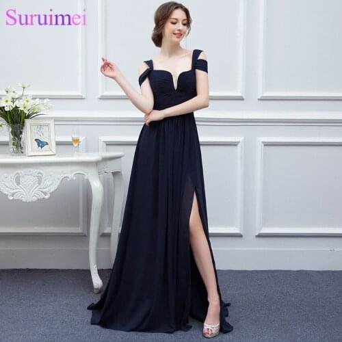 Bariano Ocean Navy Blue Color Chiffon Long Events Prom Dresses V neck Sexy Side Slit Cap Sleeve Prom Dresses Evening Dress