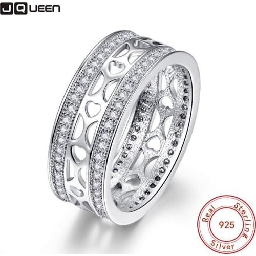JQUEEN New Style 8MM Width Silver Color Ring Hollow Heart Double Micro Pave CZ Ring For Women Wedding Party Jewelry
