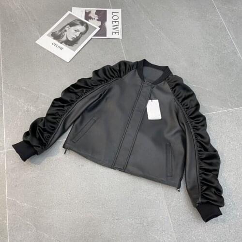 Women Coat Spring And Autumn Short Lengh Genuine Leather Jacket Spliced Acetate Fabric Sleeve Folding Process Oversized