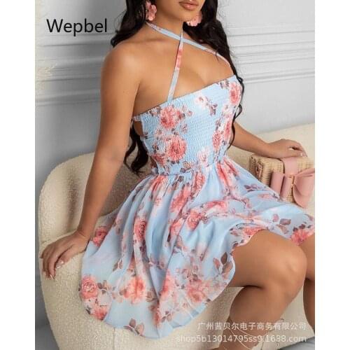 Wepbel Light Blue Cross Strap Dress Club Wear Women Sexy Dress Summer Sleeveless High Waist Slim Fits Backless Dress Floral