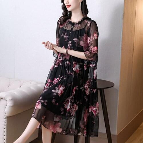 Women Casual Vintage Black Print Beach Dresses Spring Autumn Floral Mulberry Silk Midi Dress 2021 Elegant Bodycon Party Vestidos