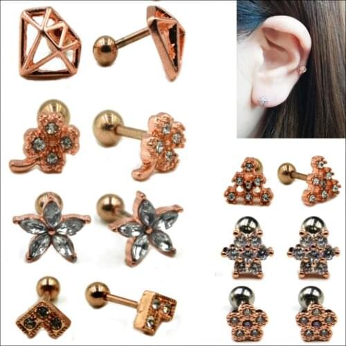 1PC Rose Gold Anodized 16G Rhinestone Flower Leaf Rose Ear Tragus Cartilage Helix Barbell Bars Stud Piercing Fashion Jewelry 16g