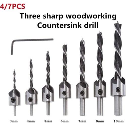 4/7PCS 3mm-10mmThree Sharp Woodworking Countersink Drill Reaming Drill Bit Woodworking Chamfering Device Guide Drill High-Speed