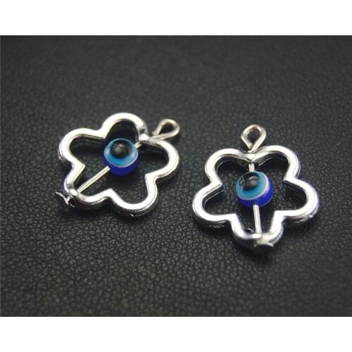 50pcs Silver Color flower spacer with blue evil eye beads Charm Pendant DIY Necklace Bracelet Bangle Findings 20x16mm A64